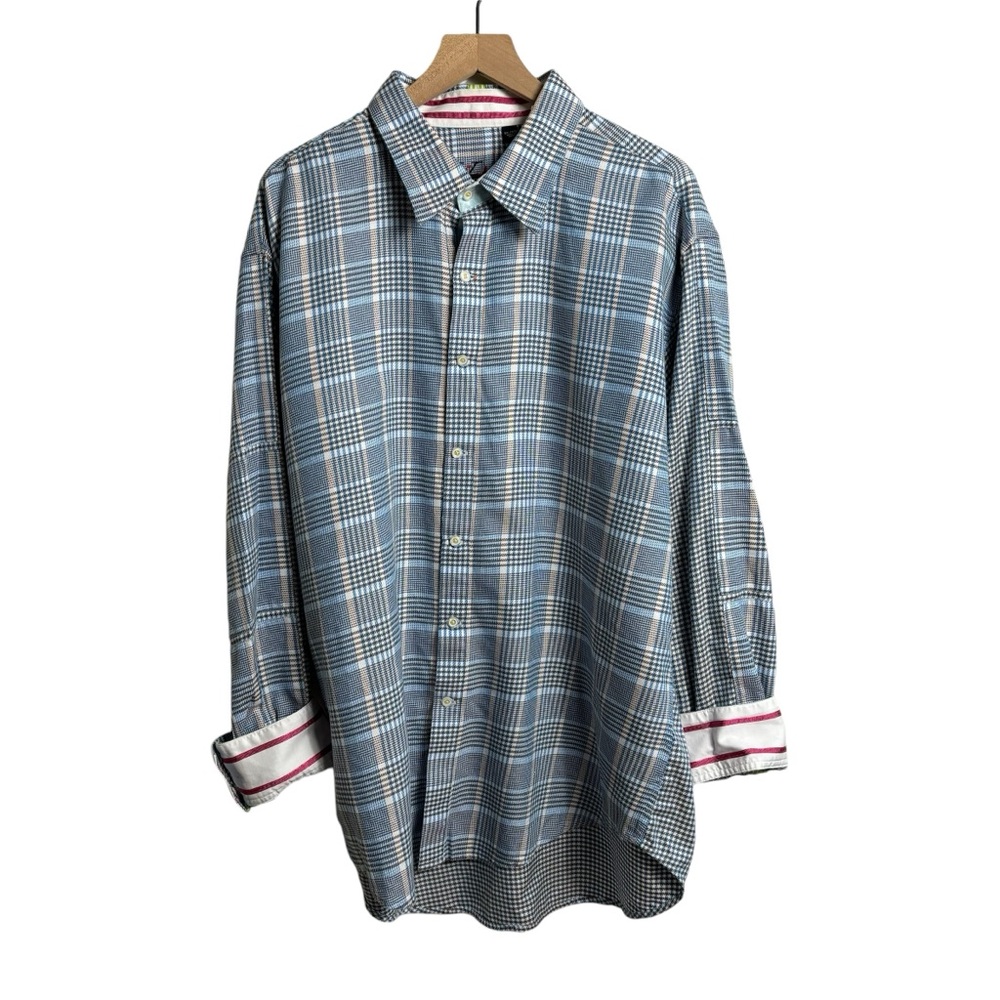 Robert Graham Plaid Button Down Blue with Pink Flip Cuff Accents Size‎ 3 XL